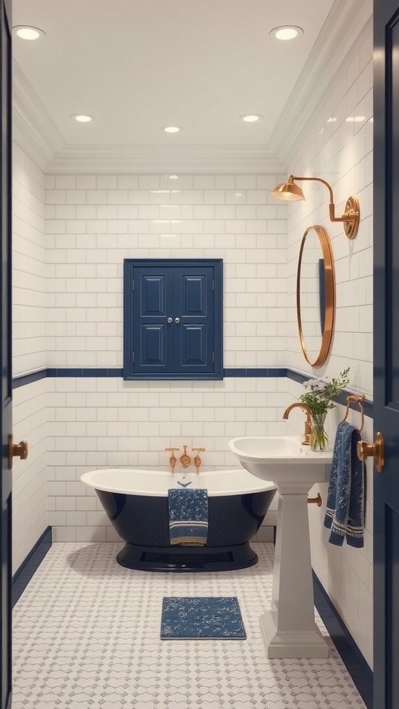 A sophisticated bathroom featuring white subway tiles, navy accents, a freestanding bathtub, and gold fixtures.