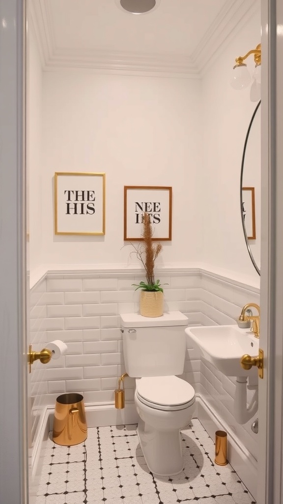 Small bathroom with white walls, gold fixtures, and framed art