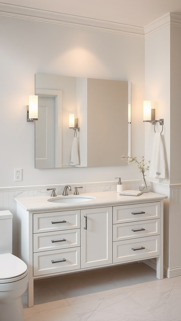 A bathroom featuring a classic white vanity with a sleek design, complemented by modern light fixtures and a large mirror.