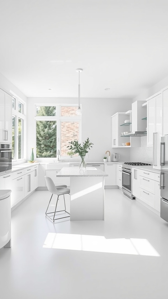 A bright and modern classic white U-shaped kitchen with large windows and a central island