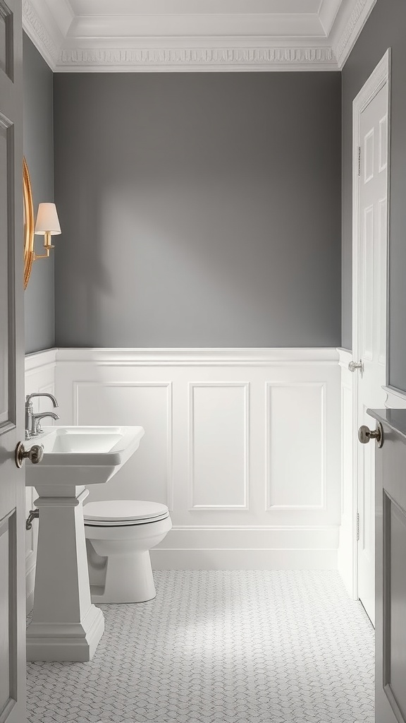 Gray and white bathroom featuring classic white wainscoting, a pedestal sink, and elegant lighting.