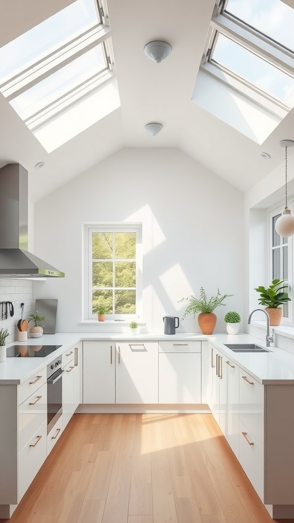 Modern kitchen with skylights and white cabinetry