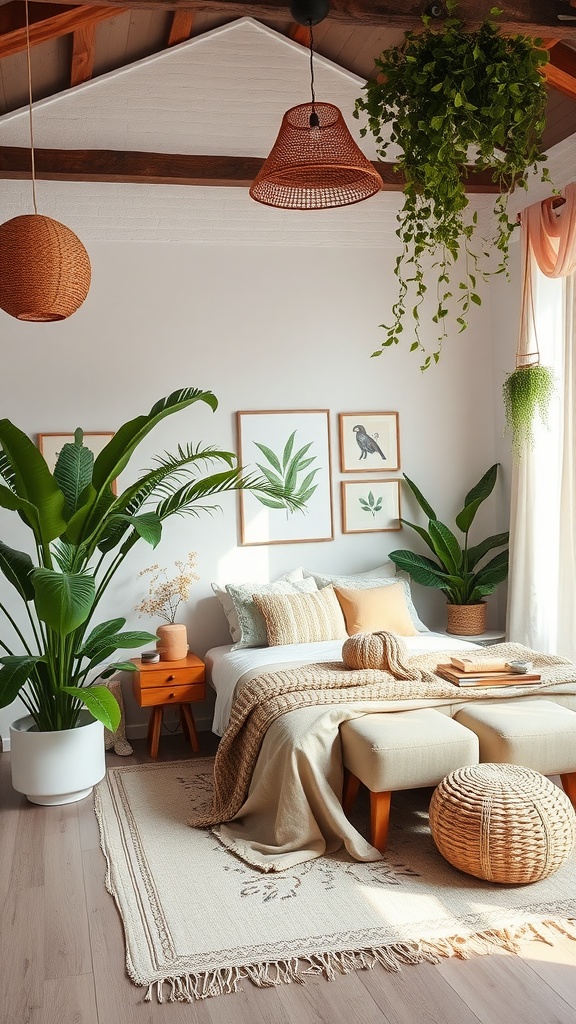 A clean and green Boho style bedroom featuring plants, natural materials, and a cozy atmosphere.