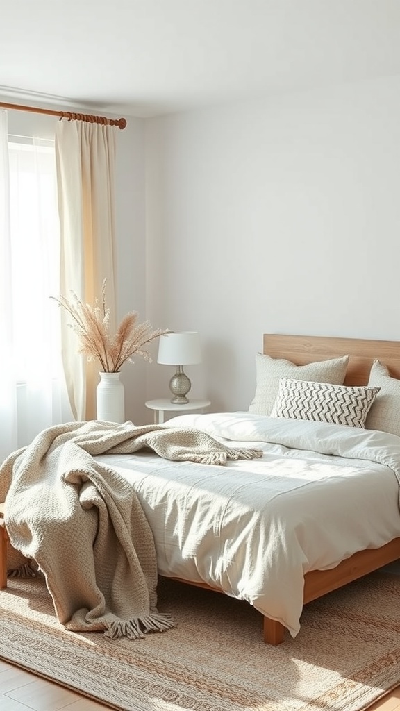 Cozy Scandi Boho bedroom with a wooden bed, soft textiles, and simple decor