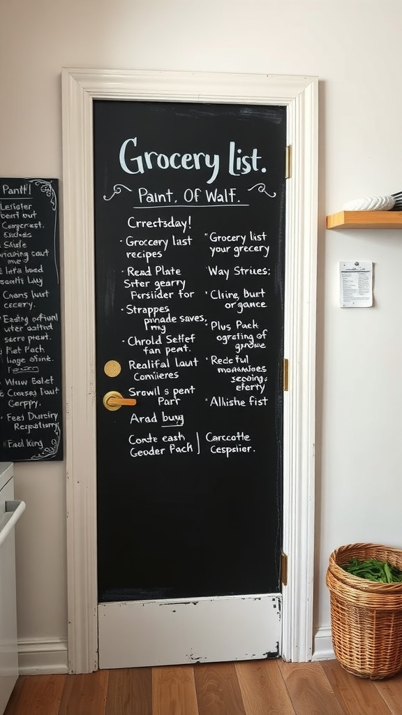 Chalkboard pantry door with grocery list and notes.