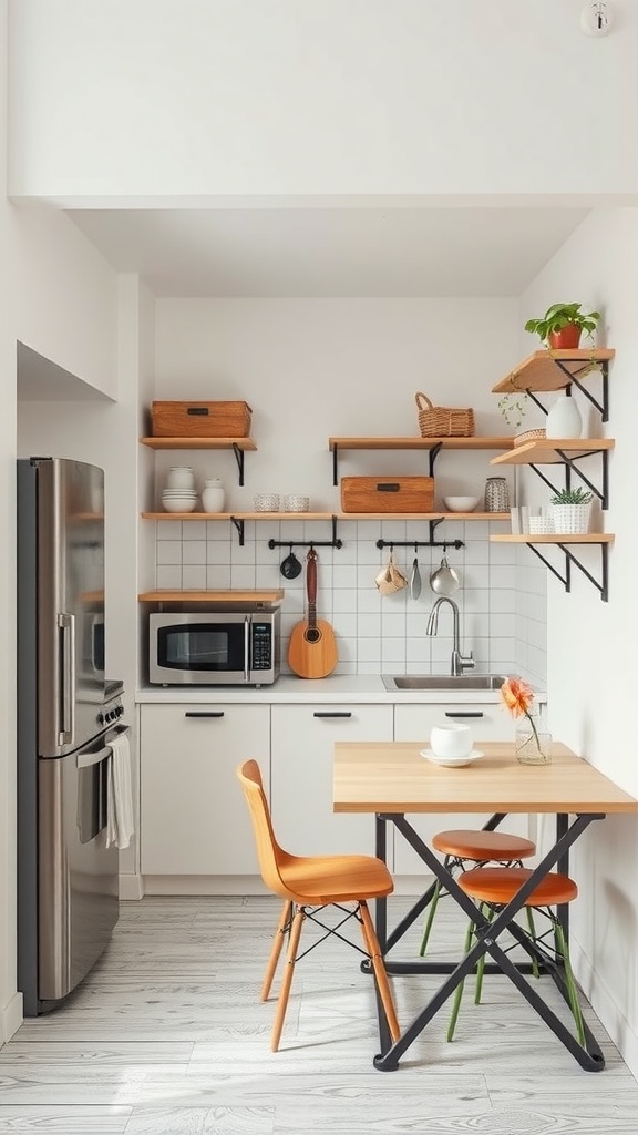 A compact kitchen featuring open shelves, a small dining table, and bright decor.