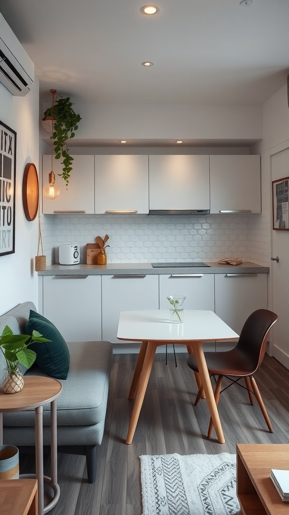 A small living room design with a dining table close to the kitchen, featuring a modern aesthetic and plants.