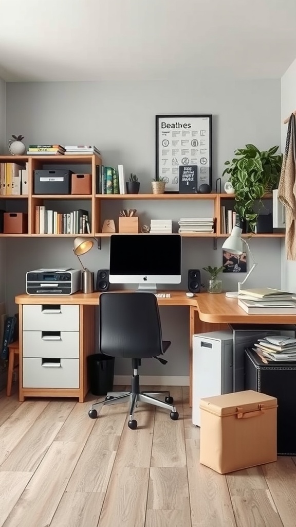 A modern organized workspace featuring a wooden desk, shelves with books and decor, and a computer.