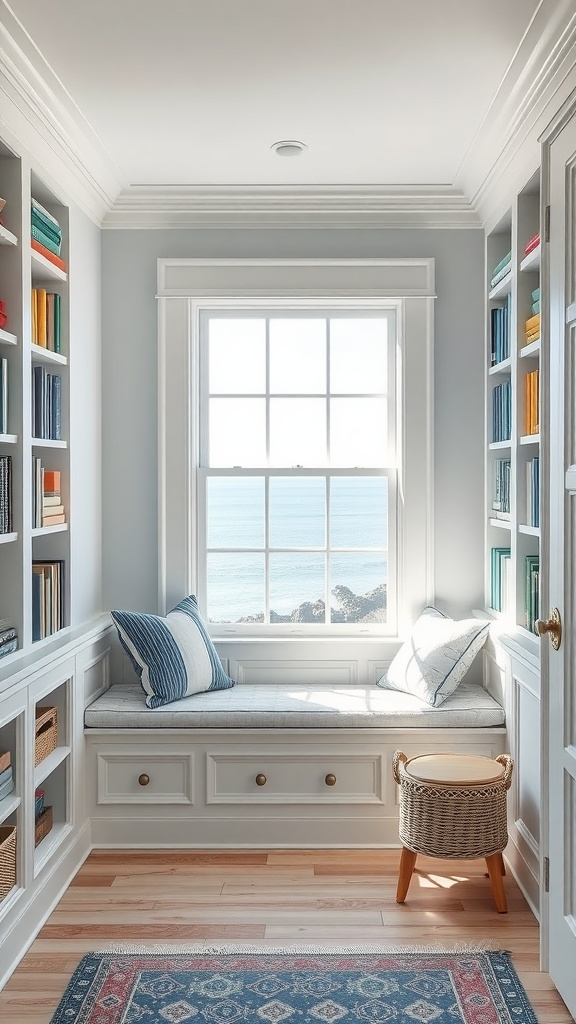 A coastal-inspired home library featuring a nautical window seat, bookshelves, and ocean views.