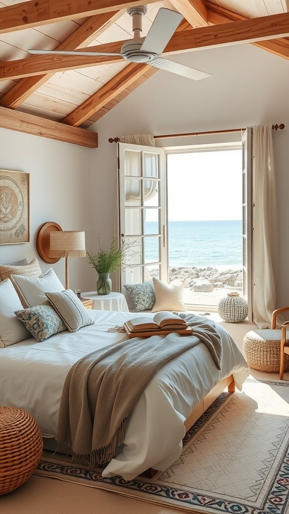 A bright and airy Coastal Boho bedroom with wooden beams, a view of the ocean, and cozy furnishings.