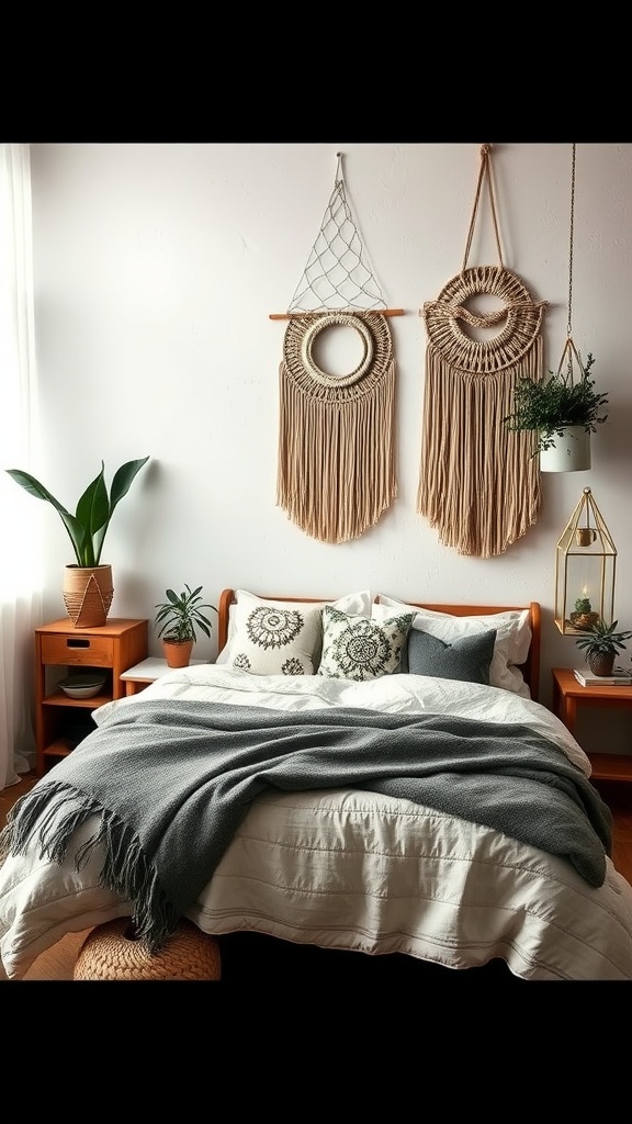 A cozy boho bedroom with macramé wall hangings, a neatly made bed, and green plants.