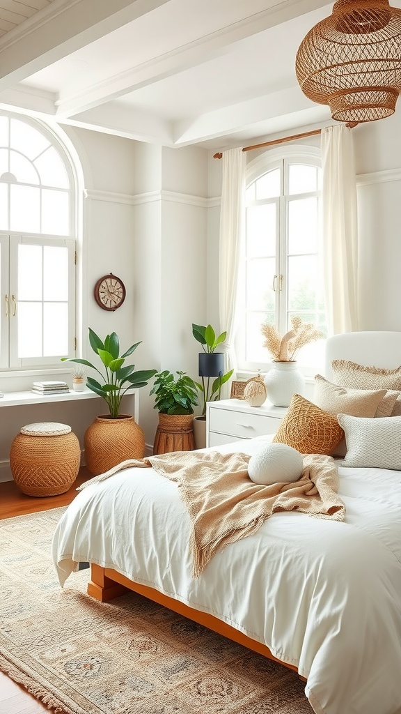 A coastal boho bedroom with light decor, natural elements, and a bright, inviting atmosphere.