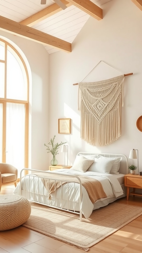 A bright and airy boho style bedroom featuring a metal bed frame, macramé wall hanging, and natural light from large windows.