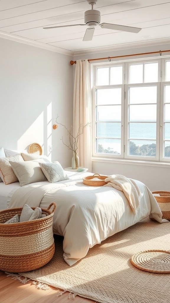 A bright, airy coastal bedroom featuring neutral tones, a large window with ocean view, light bedding, and natural decor elements.