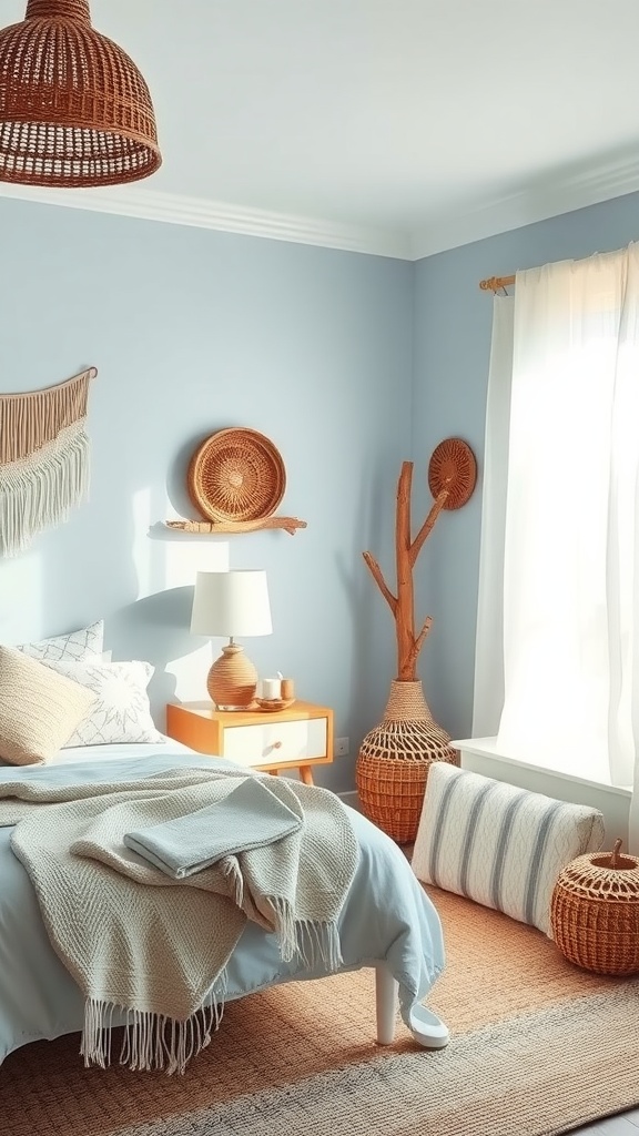 A cozy boho bedroom featuring light blue walls, a rattan light fixture, and natural decor elements.