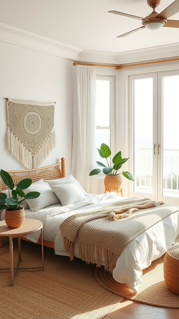 A cozy coastal boho chic bedroom with natural textures, plants, and a warm color palette.