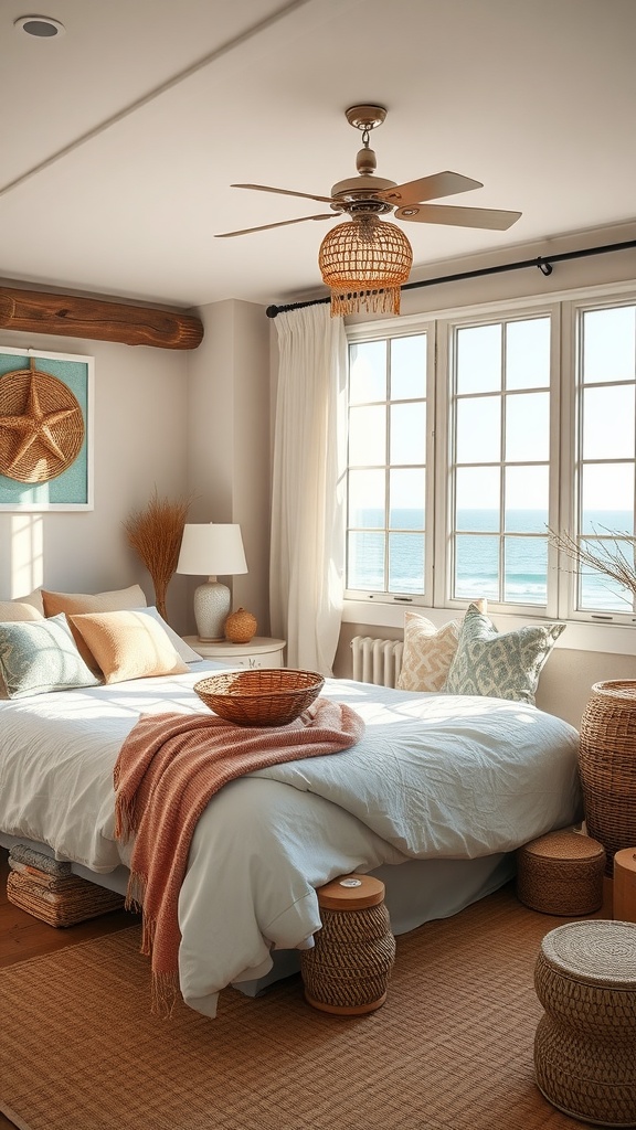 A cozy coastal boho bedroom featuring a sunlit atmosphere, large windows, and natural textures.