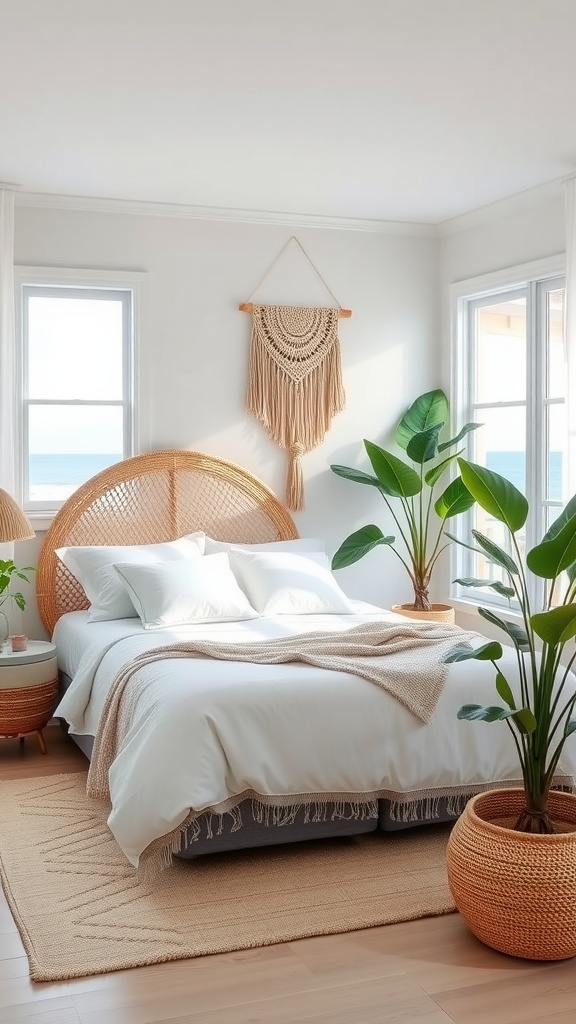 A cozy coastal boho bedroom with a rattan headboard, white bedding, and potted plants