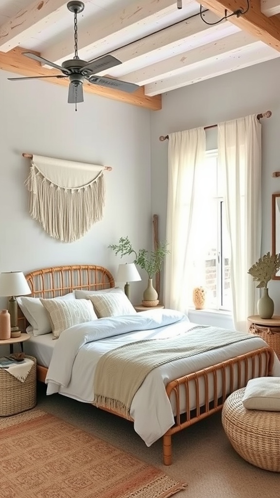 A cozy bedroom featuring a rattan bed frame, light curtains, and natural decor elements.