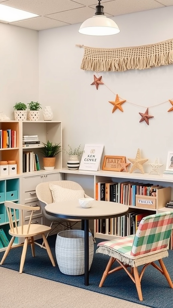 Coastal Breeze Reading Area with cozy chairs, round table, and beach-themed decorations