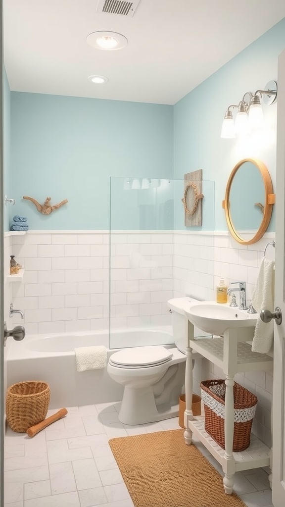 Aesthetic bathroom design featuring coastal colors and nautical accents.