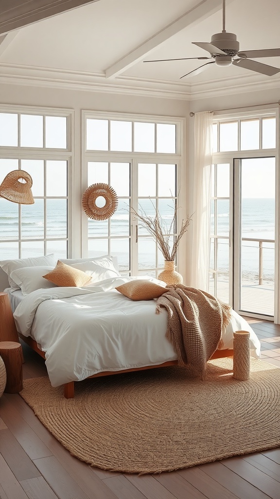 A bright, airy bedroom with large windows overlooking the ocean, featuring a white bed with textured pillows, a woven rug, and natural decor elements.