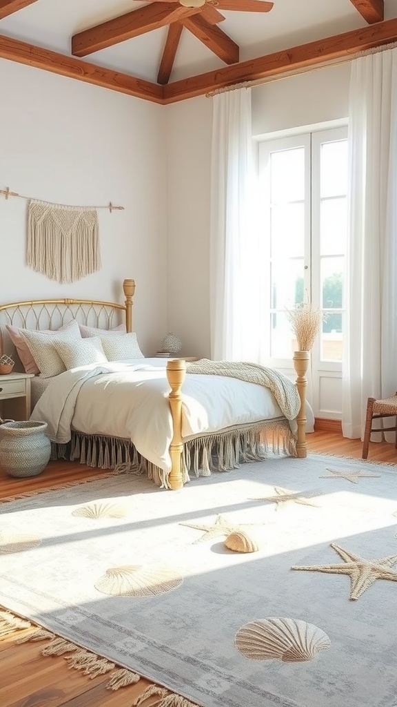 A cozy bedroom with a Boho style rug featuring seashell designs, light walls, wooden accents, and a bright airy feel.