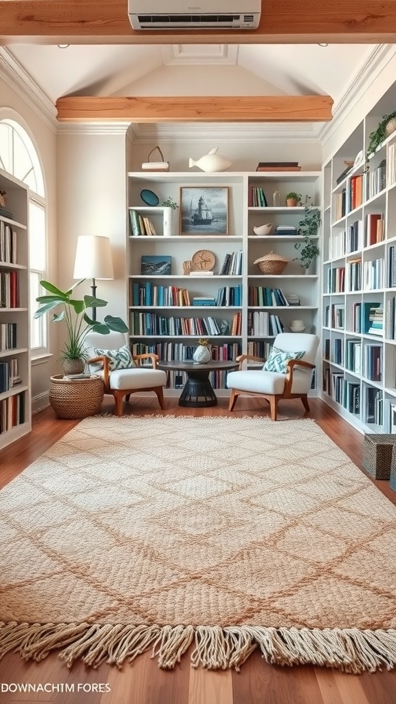 A cozy library with a natural fiber rug, bookshelves filled with books, and comfortable seating.