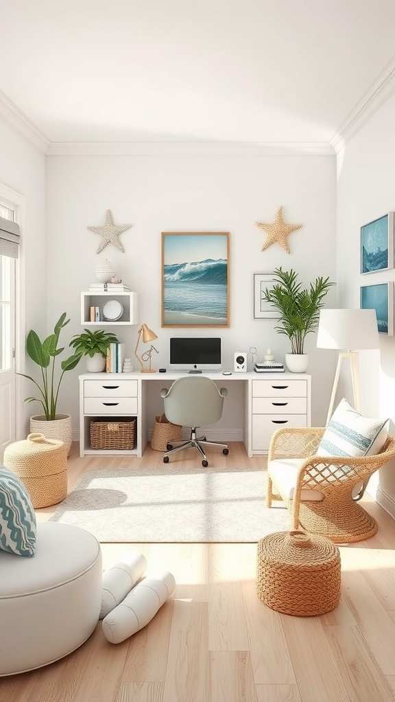 A bright coastal-inspired home office with a desk, plants, and nautical decorations.