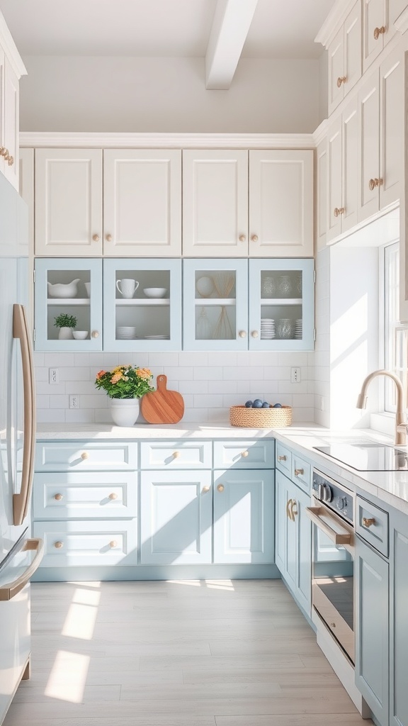 A bright kitchen with coastal inspired cabinetry featuring pale blue and white cabinets, glass fronts, and gold hardware.