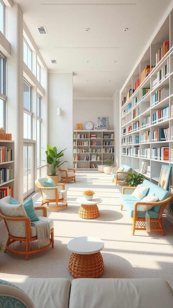 A bright and airy coastal inspired library featuring light colors and cozy seating.