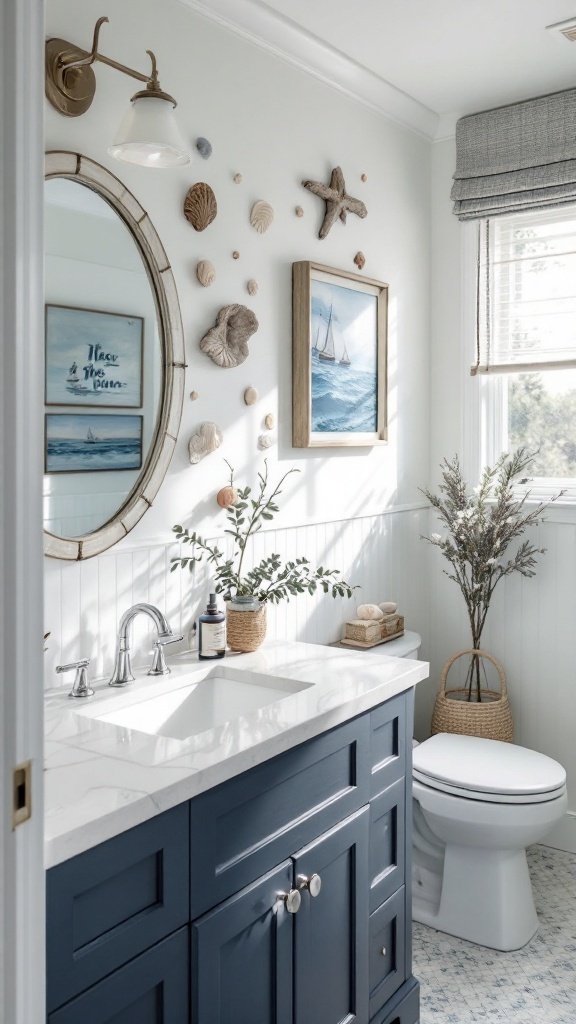 A cozy coastal-themed bathroom featuring ocean wave art, seashells, and a round mirror.