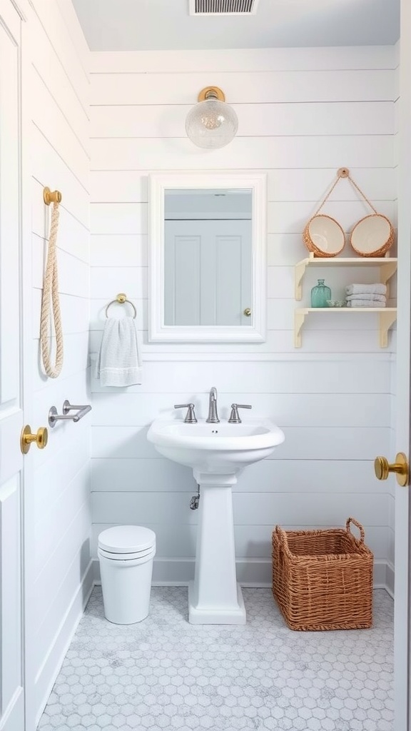 A serene guest bathroom with white shiplap walls, a pedestal sink, and coastal decor elements.