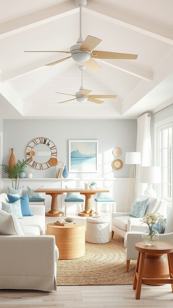 Cozy living room dining room combo with light colors and coastal decor