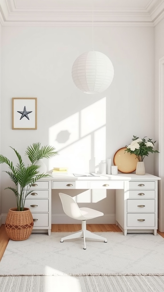 A bright and airy coastal home office featuring a white desk, a comfortable chair, and natural greenery.