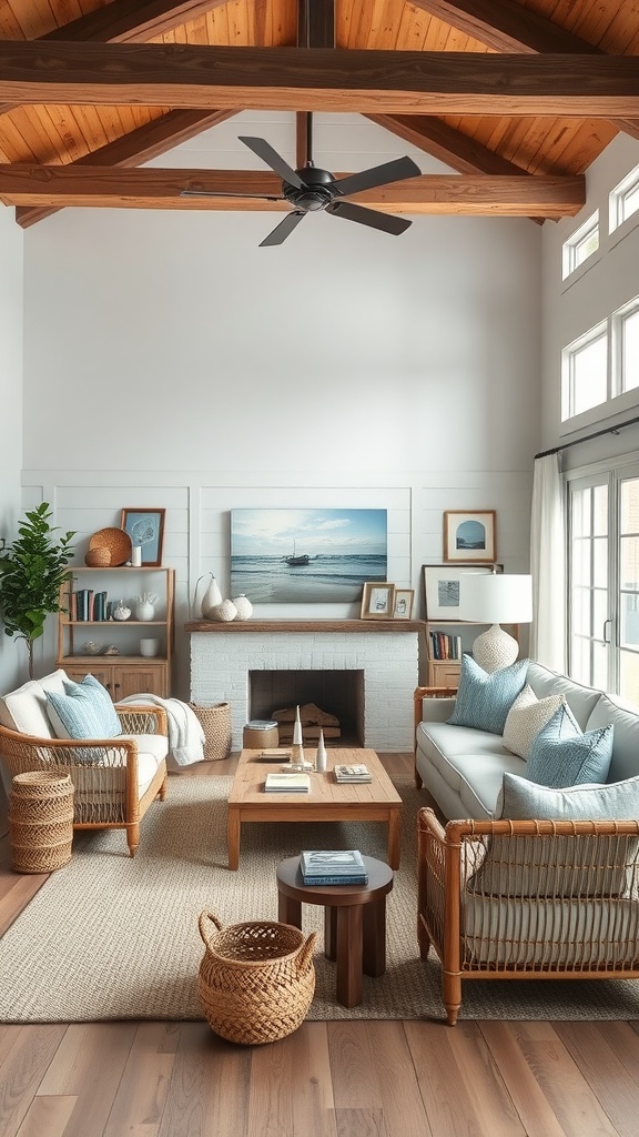 Coastal rustic living room with wooden ceiling, rattan furniture, and blue accents.