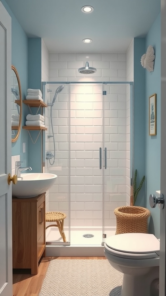 Coastal small bathroom with blue walls, glass shower, wooden vanity, and decorative elements.