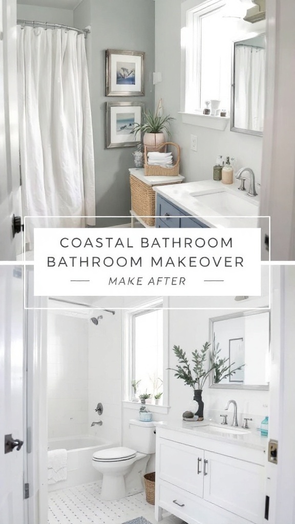 Before and after image of a bathroom makeover showcasing coastal vibes