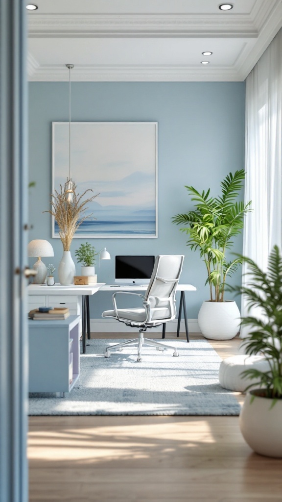 A bright and airy small office with coastal vibes, featuring soft blue walls, white furniture, and a view of the sea.