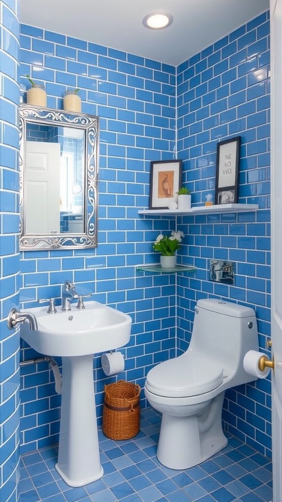 Bathroom featuring cobalt blue tiled walls and white fixtures