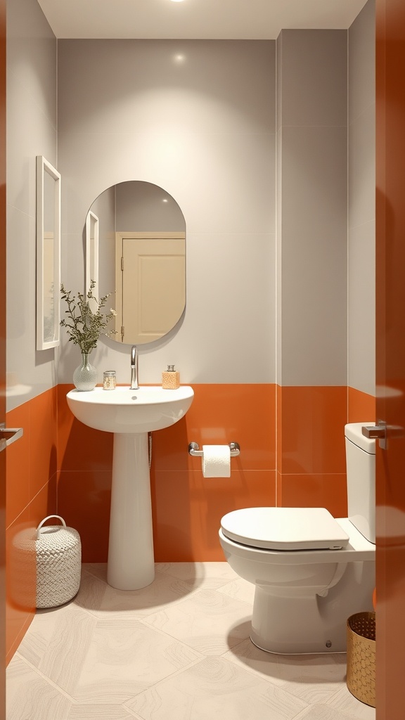 A modern bathroom featuring a bold orange color block, a round mirror, and minimalist fixtures.