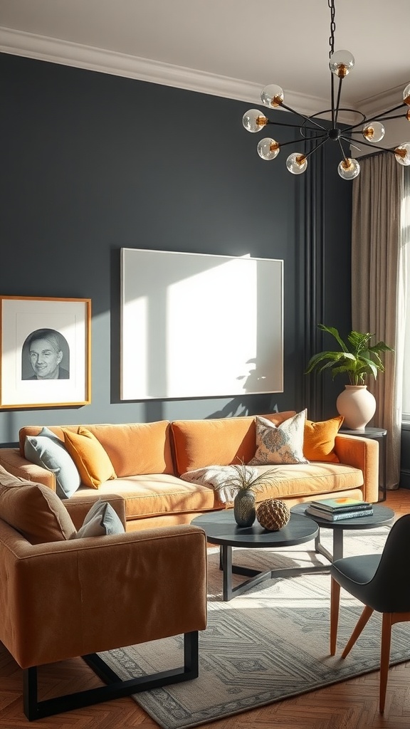 A stylish living room featuring a dark wall, orange sofa, and decorative accents.