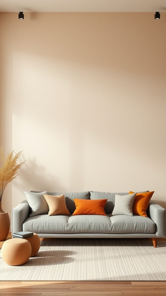 A modern living room with a gray sofa adorned with colorful pillows against a neutral wall.