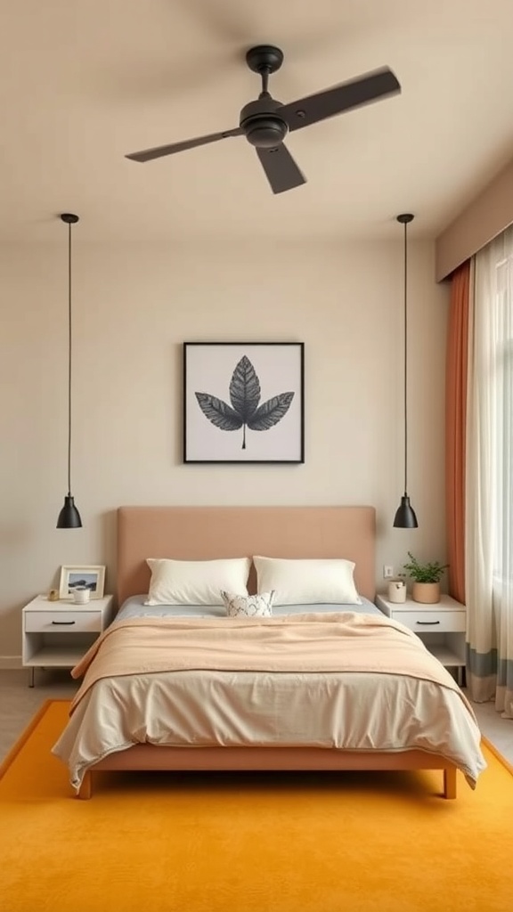 A stylish men's bedroom featuring a peach bed frame, light bedding, vibrant orange rug, and dark pendant lights.