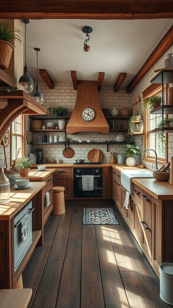 Cozy rustic modern kitchen with wooden cabinets and natural light