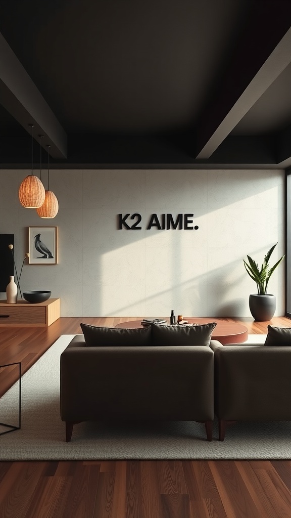 A modern living room featuring a statement wall with the text 'K2 AIME,' dark ceiling, and wooden flooring.