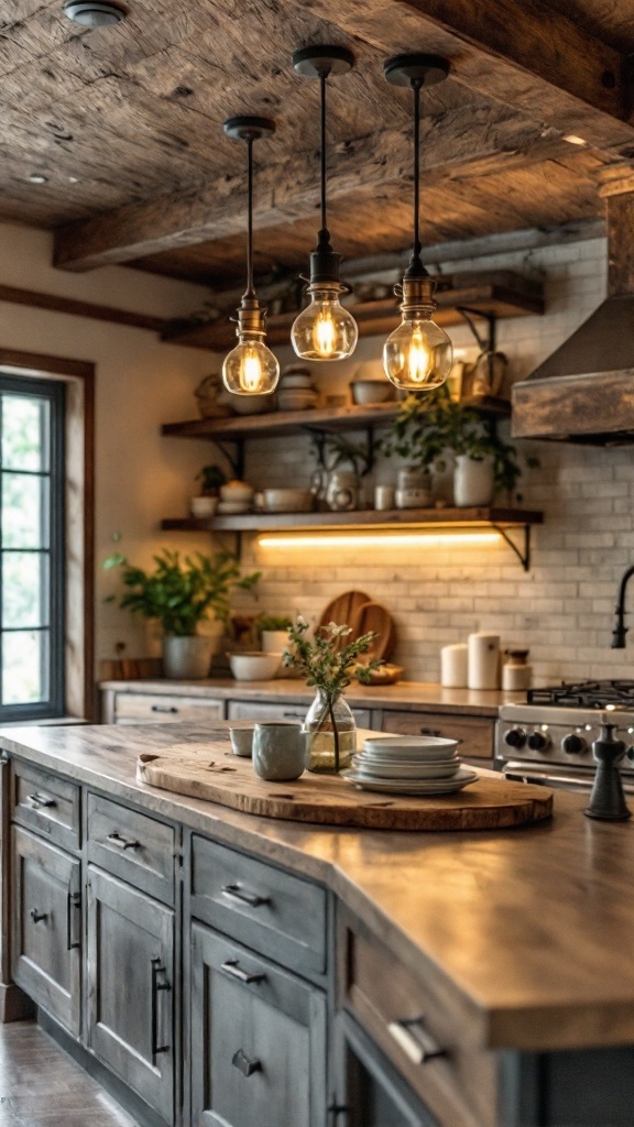 A rustic modern kitchen featuring warm lighting, wooden elements, and an inviting atmosphere.