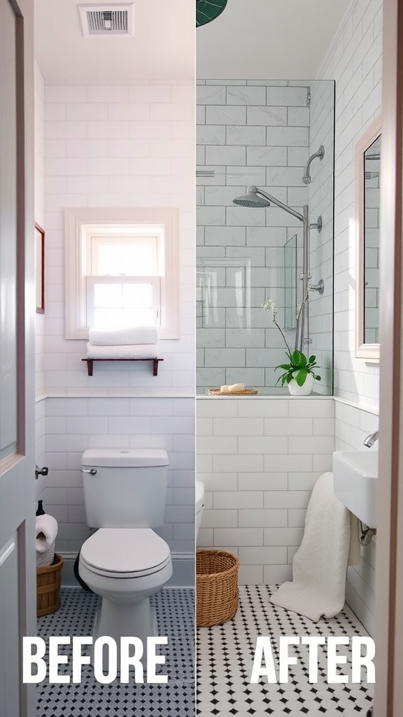 Before and after image of a bathroom makeover showcasing a minimalist design transformation.