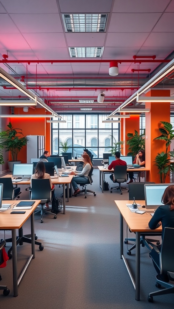 A collaborative team zone in a modern office with desks arranged for teamwork, featuring large windows and vibrant decor.