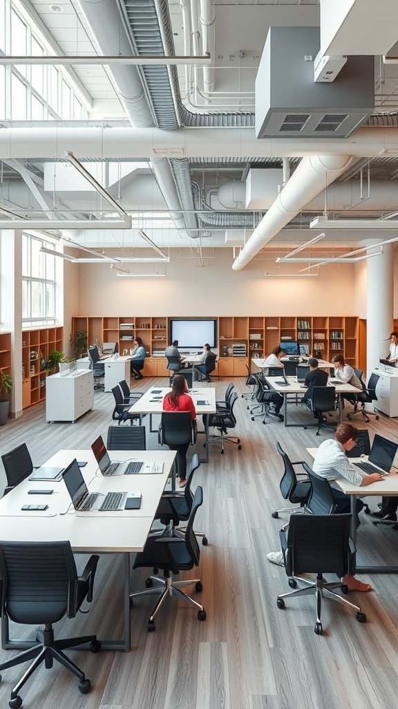 A spacious and organized collaborative workspace with an open layout, featuring multiple desks, laptops, and people working together.